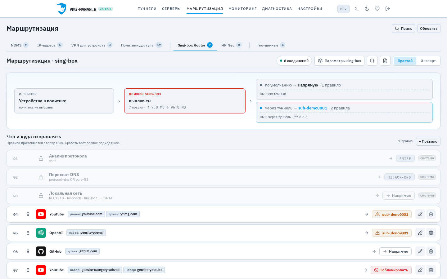 Простой режим Sing-box Router
